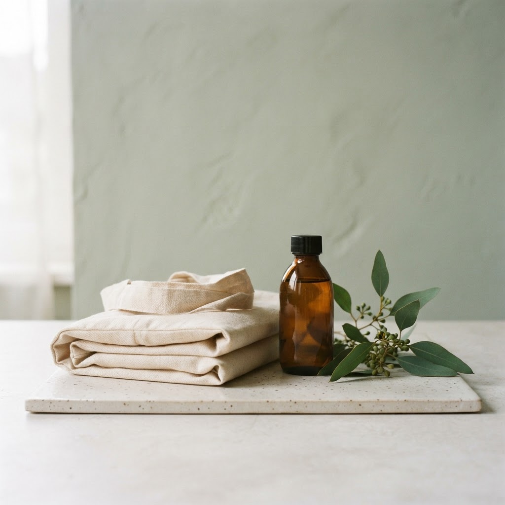 Reusable cotton tote and refill bottle in a soft sage setting
