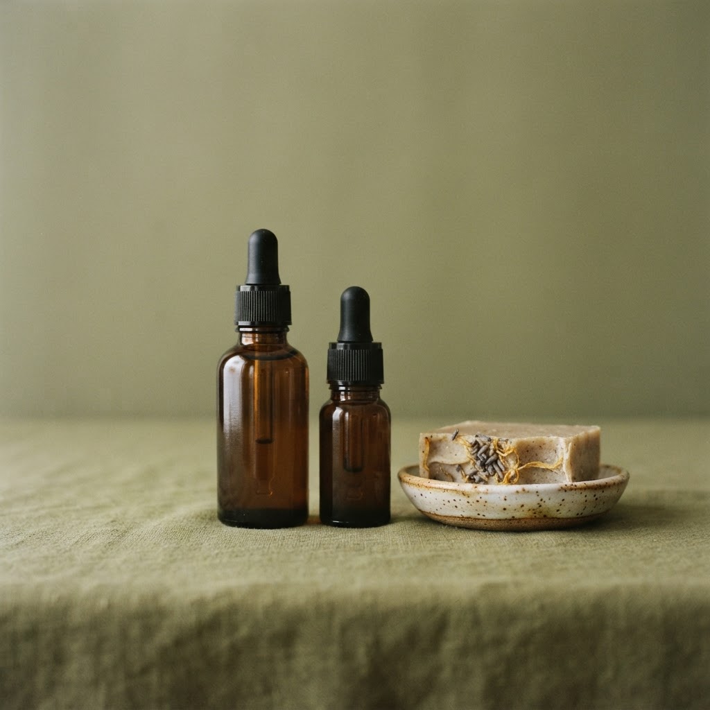 Amber bottles and a natural soap bar against olive green