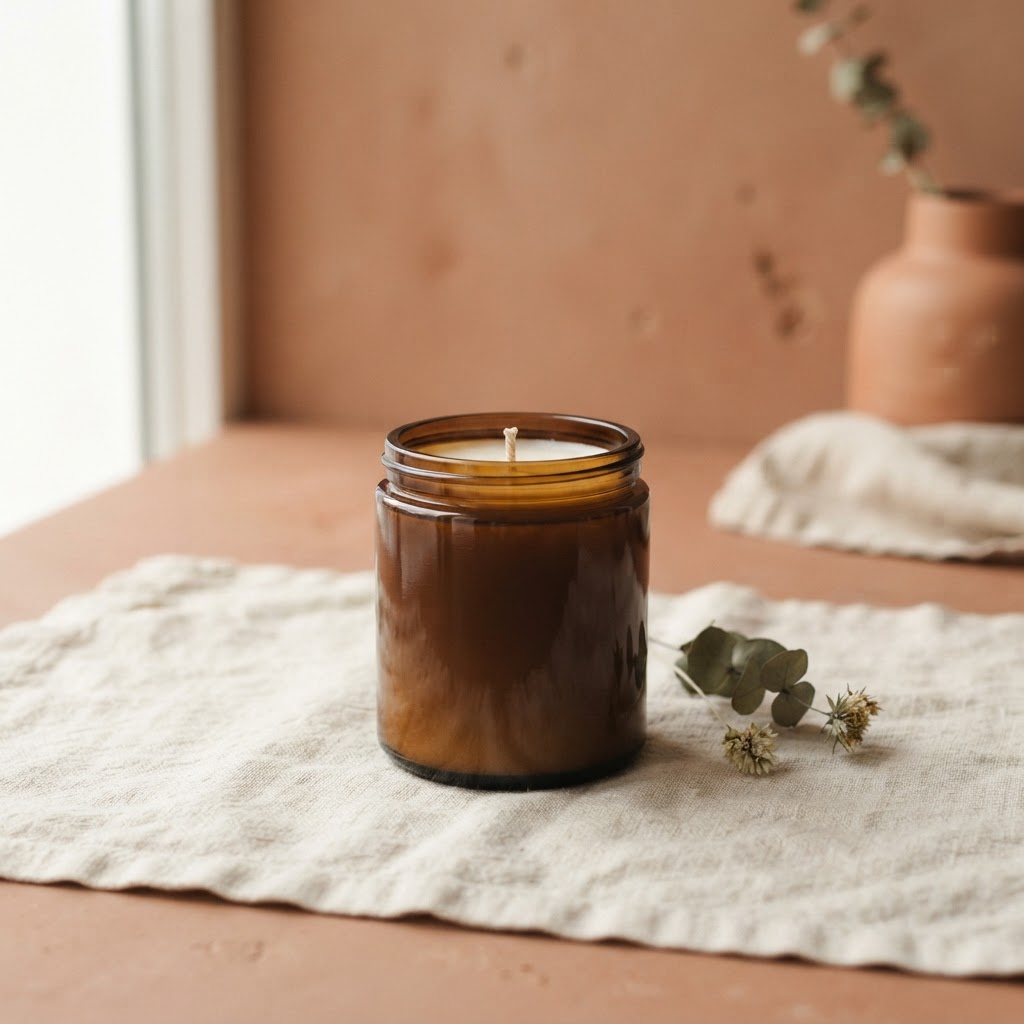 Natural candle and botanical stem on linen