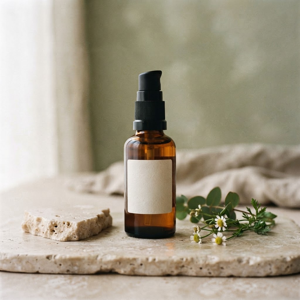Amber bottle of botanical cleanser on sunlit stone