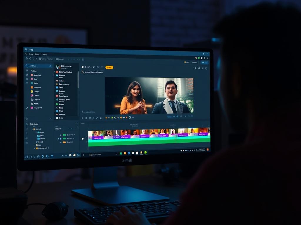 A computer screen displaying a video editing software with subtitles being added in Sinhala. The background features a modern workspace with editing tools and a focused editor. The editor is engaged in their task, showcasing a blend of creativity and technical skill. The lighting is bright and inviting, highlighting the meticulous work involved in subtitling.