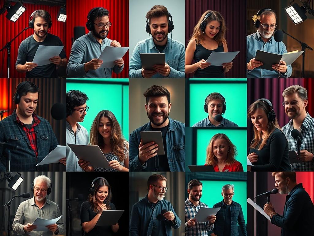 A collage of diverse voice actors, each in a unique recording setup, showcasing their personality and style. The background is lively and colorful, reflecting the diversity and talent available. The image should convey the excitement of voice casting, with actors actively engaging with their scripts, highlighting the importance of voice in storytelling.