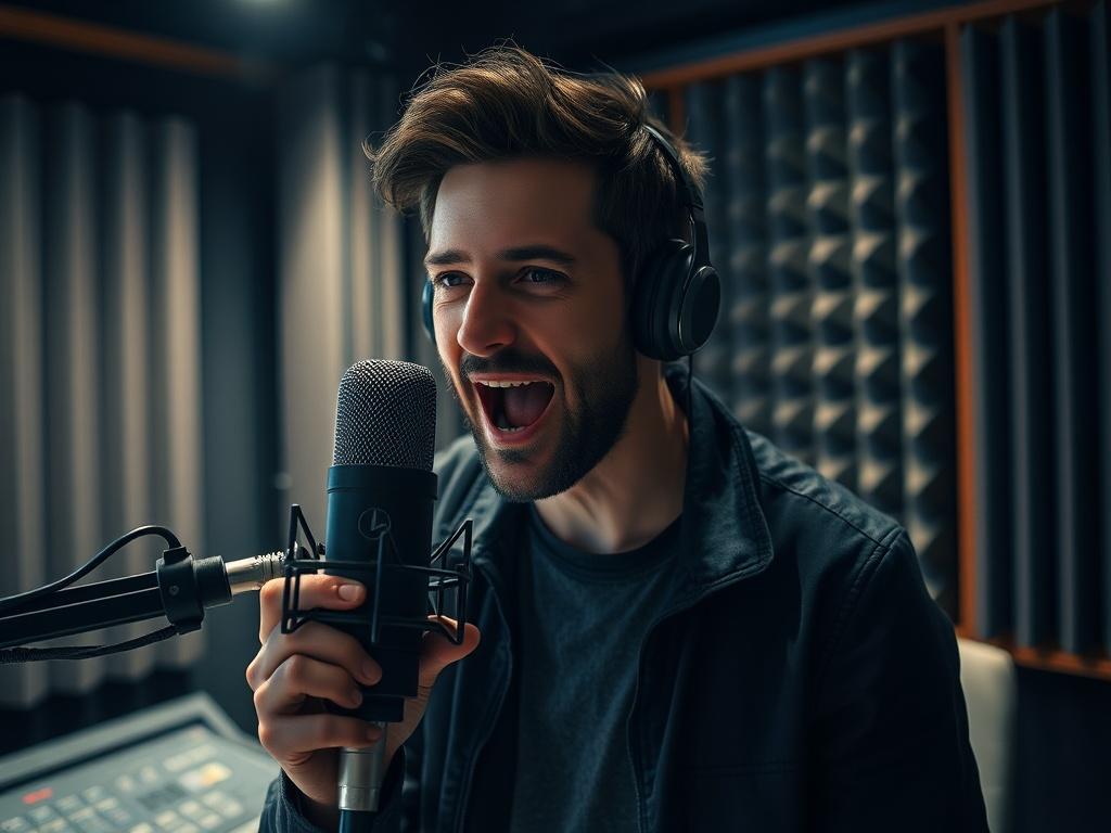 A voice actor in a recording studio, focused on a microphone, with soundproof panels in the background. The actor is animatedly delivering lines, showcasing passion and energy. The studio is dimly lit with soft lighting, creating an intimate atmosphere that conveys professionalism. The image should highlight the actor's expressions and the high-quality recording equipment, reflecting the essence of professional dubbing.