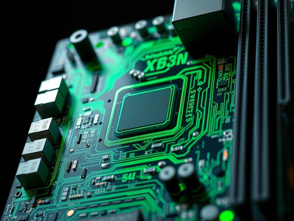 A hyper-realistic close-up shot of an ultra-powerful motherboard, showcasing intricate circuits and components. The motherboard should be the sole focus, with a clean, minimalistic background to enhance details. The image should be vibrant, highlighting the green color of the components, and should be rendered with a 45mm f/1.2 lens style to create a shallow depth of field.