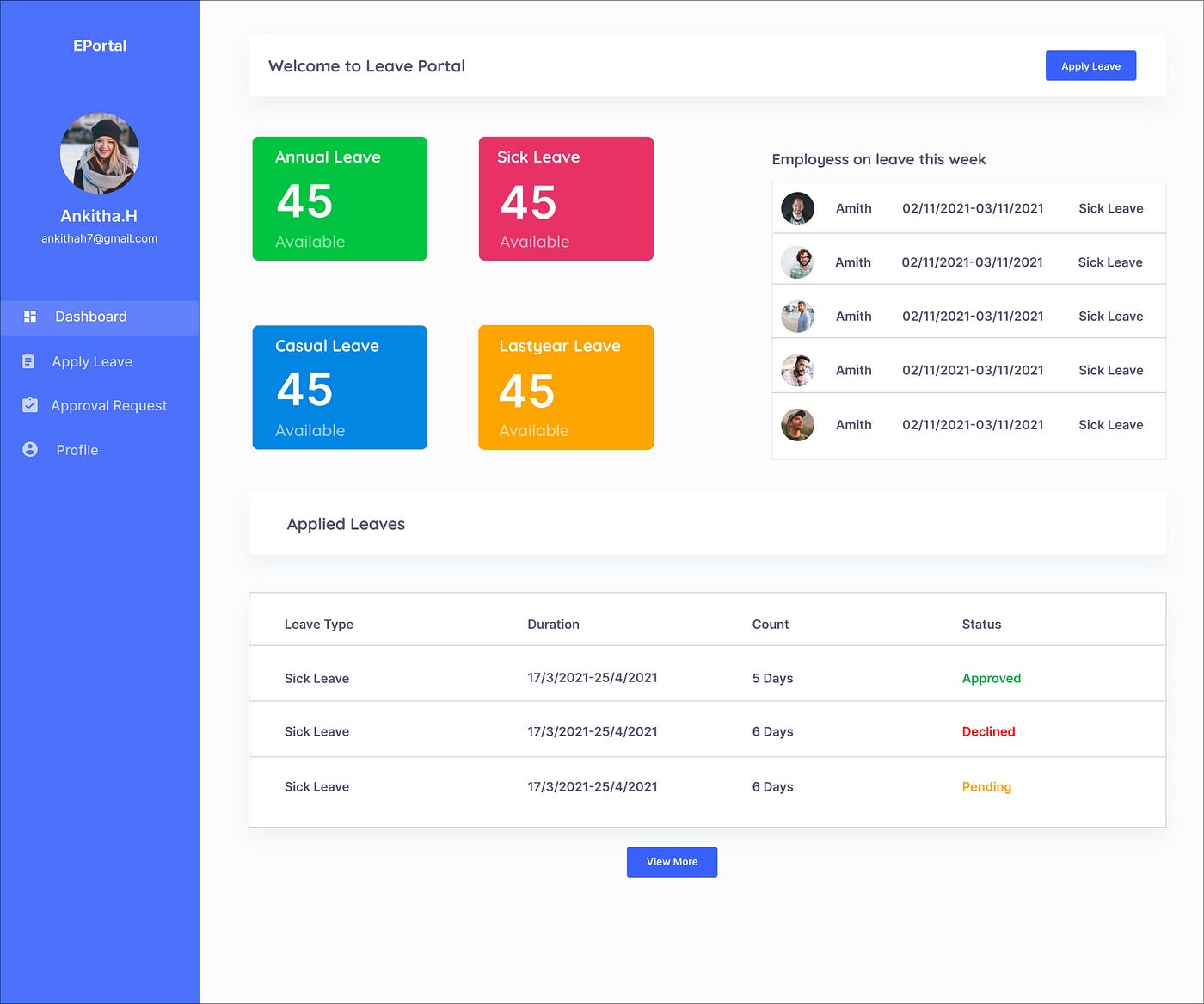 Employee portal dashboard mockup