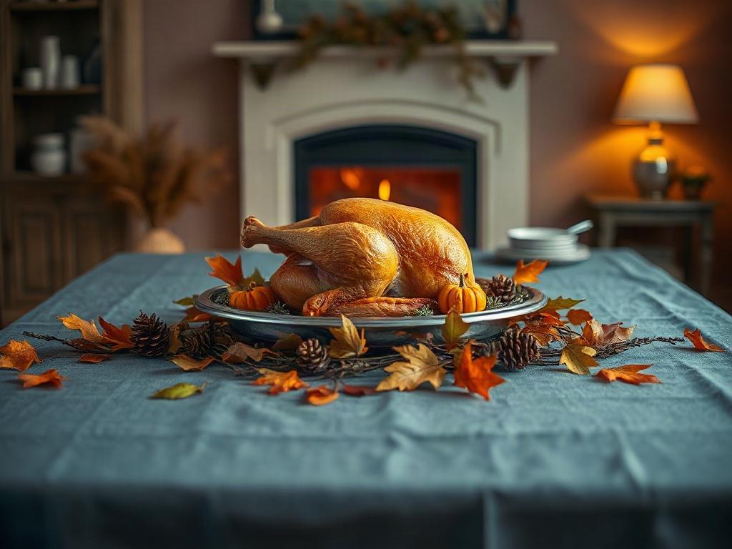 Create a realistic high-resolution photo that reflects a serene and warm Thanksgiving atmosphere. The composition should be simple, focusing on a single, inviting subject. 

The main subject should be a beautifully set Thanksgiving dining table, adorned with a rich, autumn-themed tablecloth in deep shades of blue and soft gray, harmonizing with the color palette of the website. On the table, feature a traditional Thanksgiving centerpiece, such as a plump cooked turkey positioned on a silver platter surround
