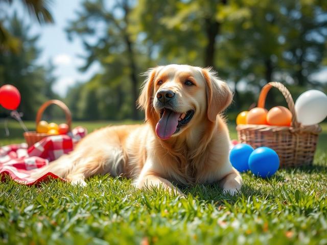 **AI Image Generation Prompt:**

Create a realistic, high-resolution image depicting a serene Labor Day scene. The composition should be simple and clear, featuring a single subject: a cheerful golden retriever lying on a soft, grassy lawn, surrounded by colorful picnic items. The dog should appear relaxed, with its tongue out, embodying the spirit of a carefree holiday. 

In the background, include a beautifully blurred, sun-kissed park setting with lush green trees and bright blue skies, hinting at a warm