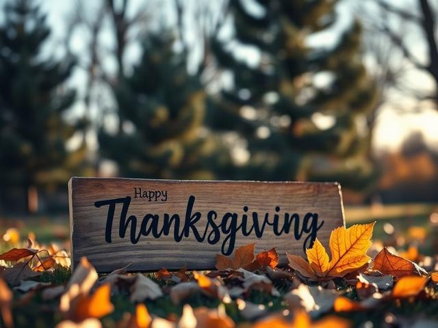 Create a realistic high-resolution photo that captures the essence of Thanksgiving closure for an animal clinic. The composition should feature a single, inviting wooden sign that reads "Happy Thanksgiving" in a warm, handwritten style. The sign should be placed in a tranquil outdoor setting, surrounded by autumn leaves in shades of gold and orange, and gently illuminated by soft, natural sunlight. In the background, include a subtle blur of pine trees to evoke a serene, peaceful atmosphere, emphasizing the