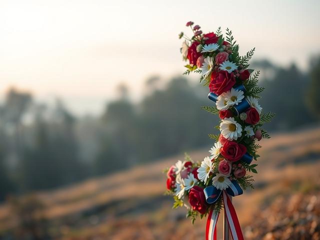 Create a realistic high-resolution photo for a blog post titled "Memorial Day Closure." The image should feature a single, beautifully arranged red, white, and blue wreath made of fresh flowers and ribbons, symbolizing Memorial Day. The wreath should be prominently placed in the center of the image, with delicate flowers like daisies, roses, and hydrangeas intertwined to create a sense of honor and remembrance.

The background should be a soft, blurred landscape, showcasing an early morning scene with gentl