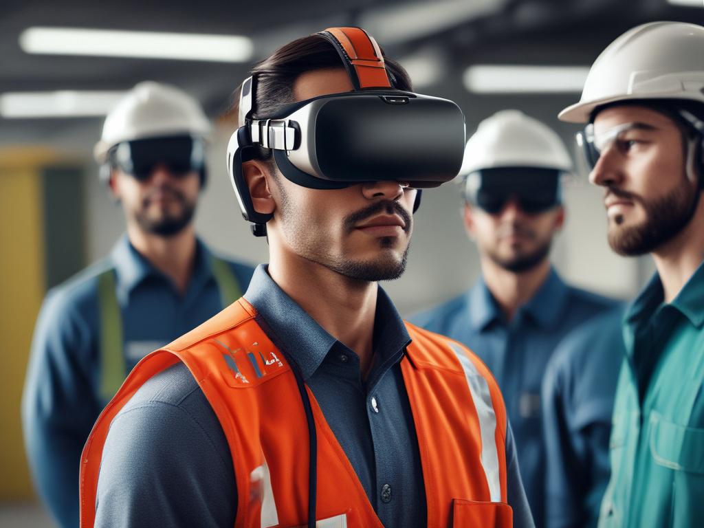 A realistic high-resolution photo of a virtual reality training session for oil and gas workers. The image should show a diverse group of professionals wearing VR headsets, engaged in a simulated environment. They are practicing safety drills and operating machinery in a lifelike virtual oil rig setting. The background should depict a detailed, immersive oil rig with clean lines and bold vibrant colors, emphasizing the advanced technology of VR training. The composition should be simple and clear, focusing 