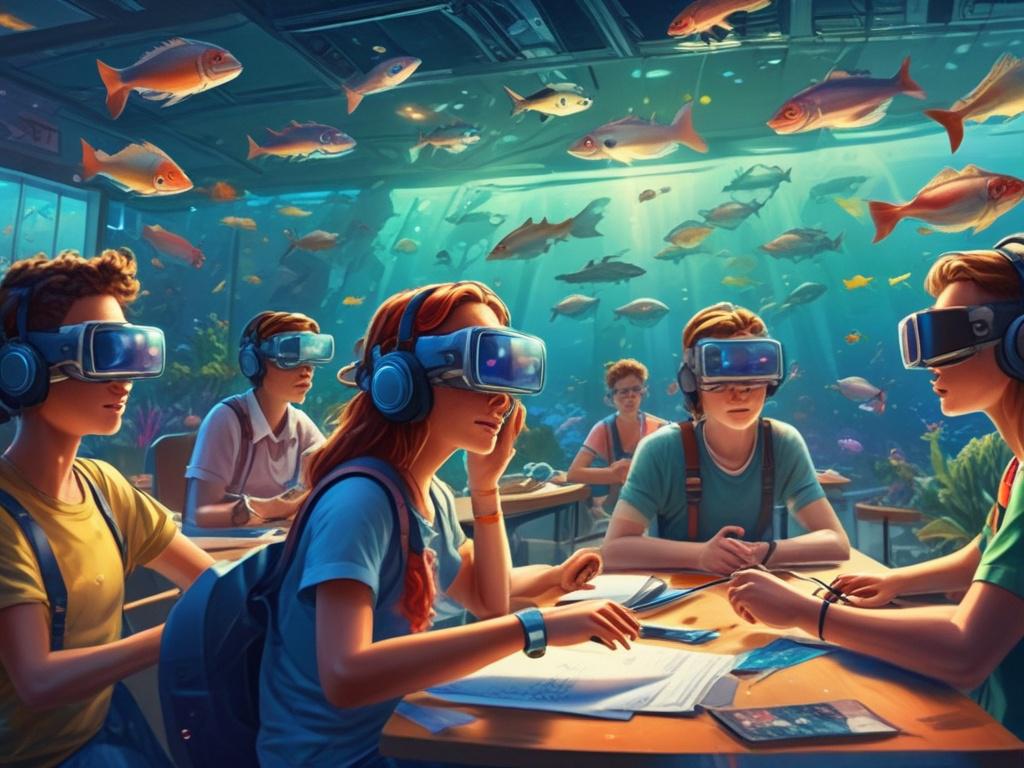 A classroom filled with students wearing VR headsets, engaged in an interactive learning experience. The background showcases a vibrant virtual environment depicting underwater exploration with colorful marine life. The composition should focus on the students, highlighting their engagement and excitement, with soft lighting to create an inspiring atmosphere.