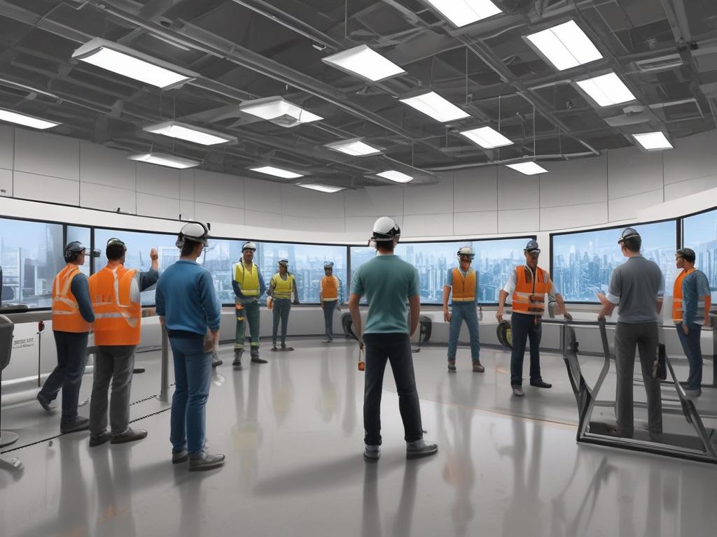 A corporate training session in a virtual environment, showing employees engaged in a safety drill simulation. The setting includes realistic machinery and safety equipment, with participants wearing VR headsets. The backdrop displays a high-tech training facility, emphasizing the advanced nature of the training. The lighting is bright and focused on the participants.