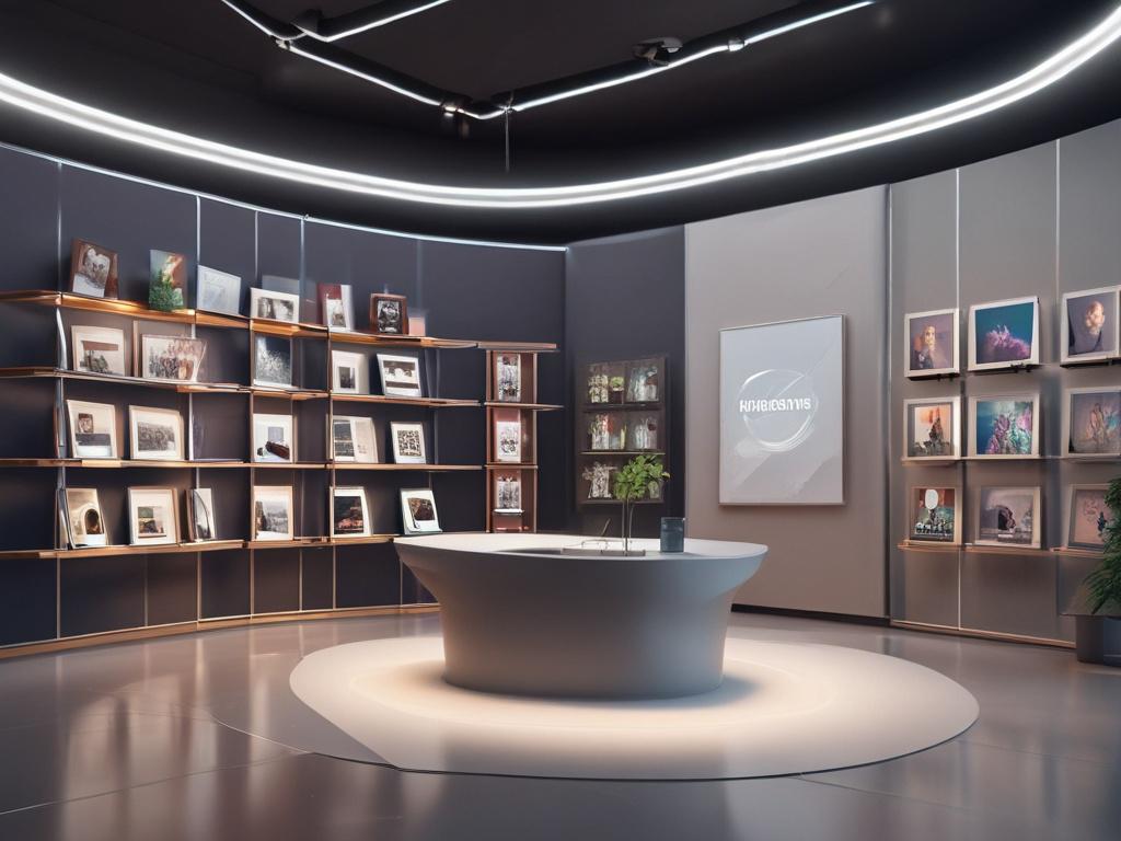 A virtual showroom displaying a range of products in an immersive environment. The setting features elegant design elements that reflect a modern brand aesthetic. Users in VR headsets interact with products, emphasizing the interactivity and engagement of the experience. The background is vibrant and colorful, showcasing a blend of technology and creativity.