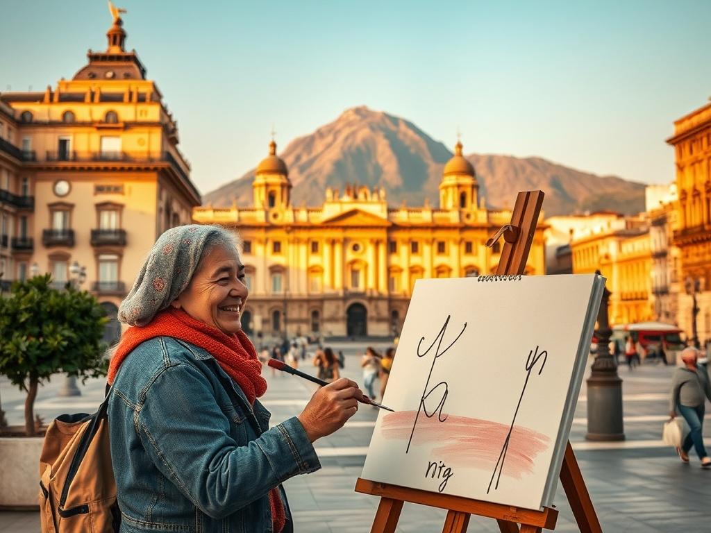Create a highly detailed and realistic high-resolution photo that encapsulates the charm of Napoli, specifically focusing on "Scoprire Napoli: I Migliori Luoghi da Visitare". The main subject of the image should be a beautifully framed view of the iconic Piazza del Plebiscito, showcasing its grand architecture with the Royal Palace of Naples in the background. 

The foreground should feature a local street artist painting on a canvas, embodying the creative spirit of the city. The artist should be engaged i