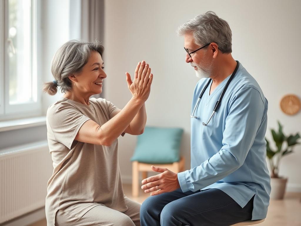 A physiotherapist assisting a stroke survivor with rehabilitation exercises in