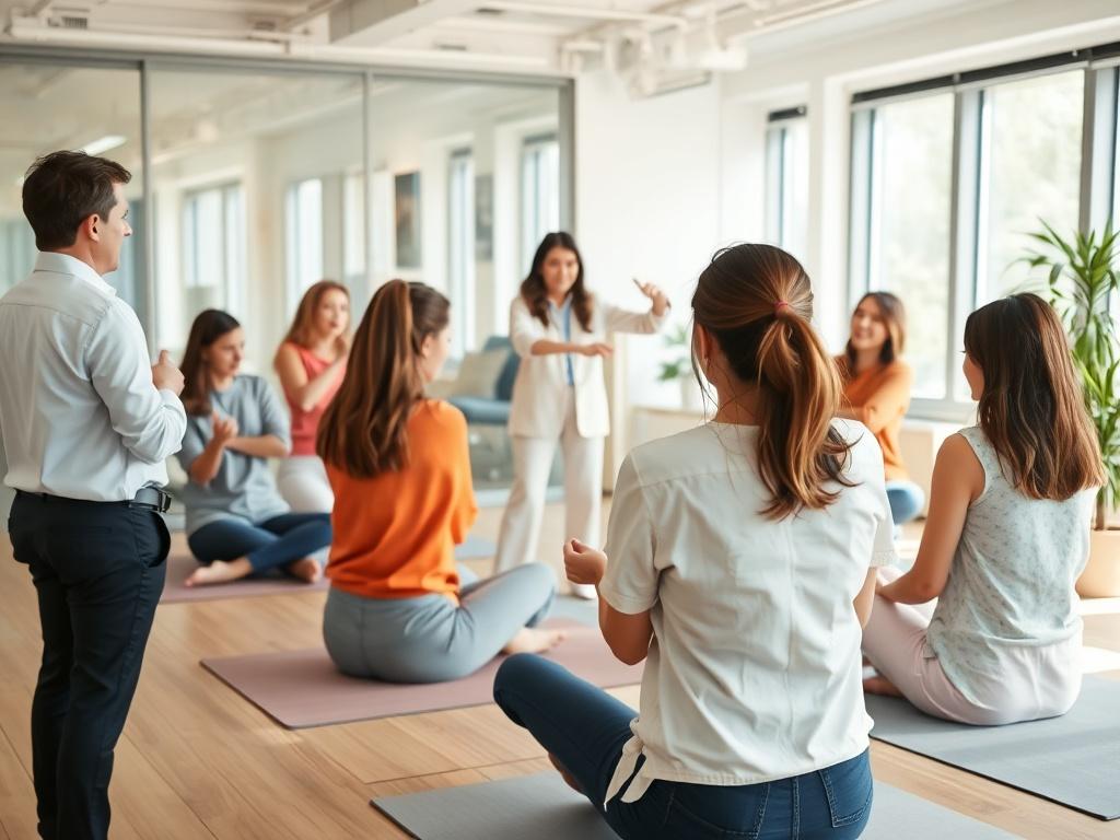 A group of employees participating in a wellness workshop led