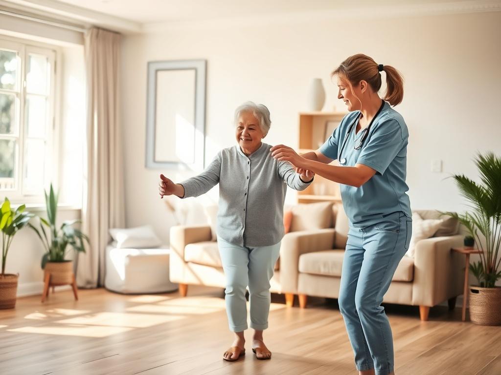 An elderly person practicing balance exercises with a physiotherapist in