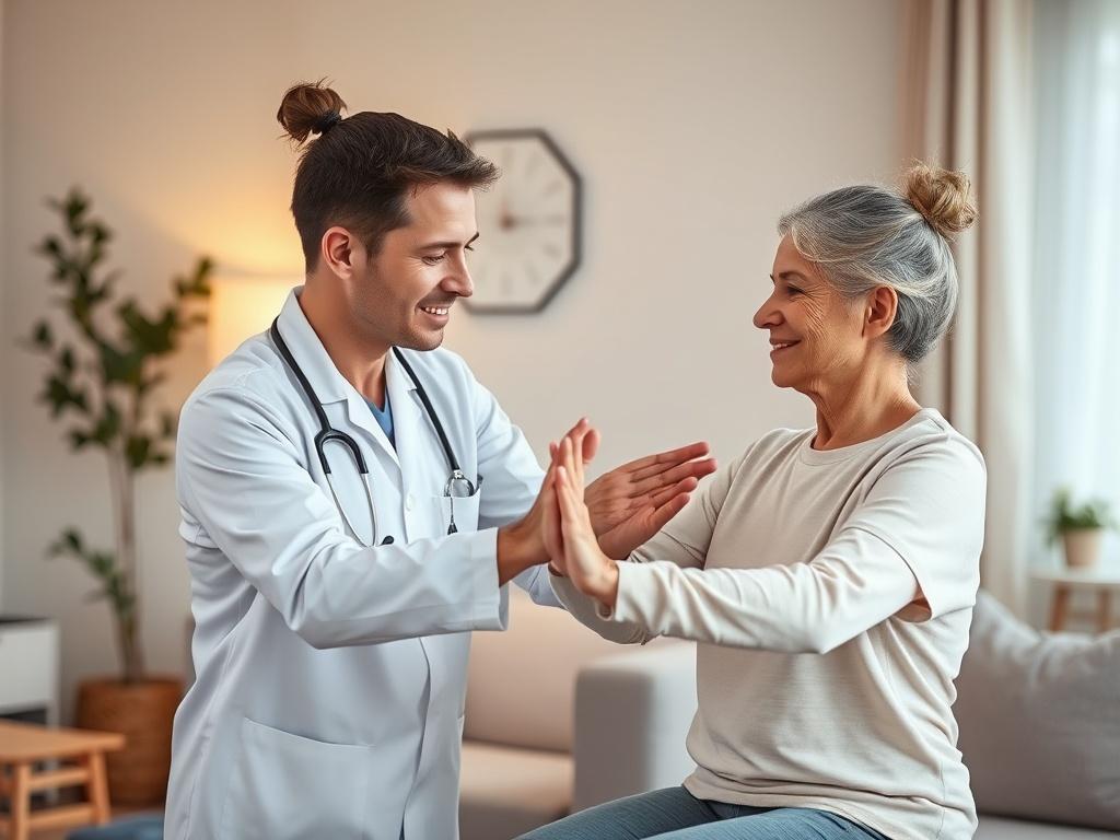 A professional physiotherapist assisting a patient with a rehabilitation exercise