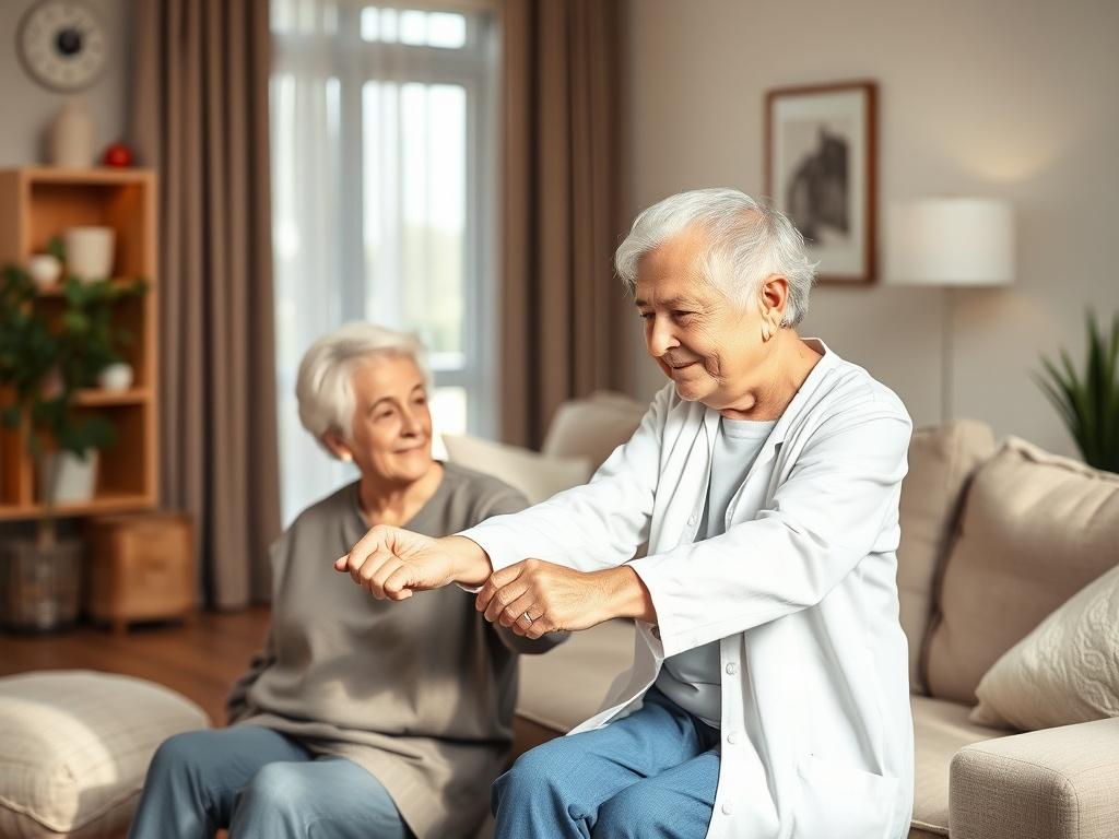 A peaceful and serene home setting with a physiotherapist gently