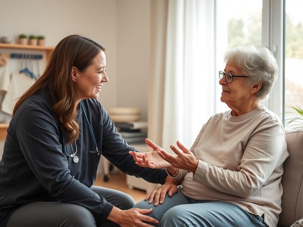 A physiotherapist and a patient engaged in a discussion, sitting