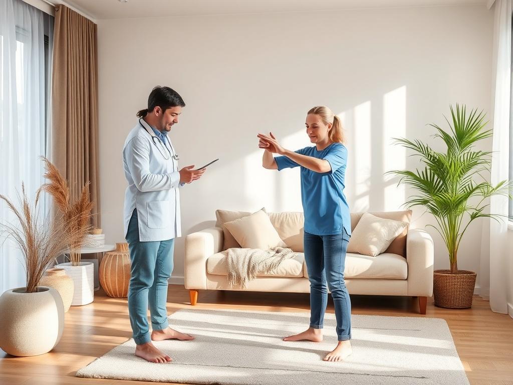 A physiotherapist demonstrating exercises to a patient in their living