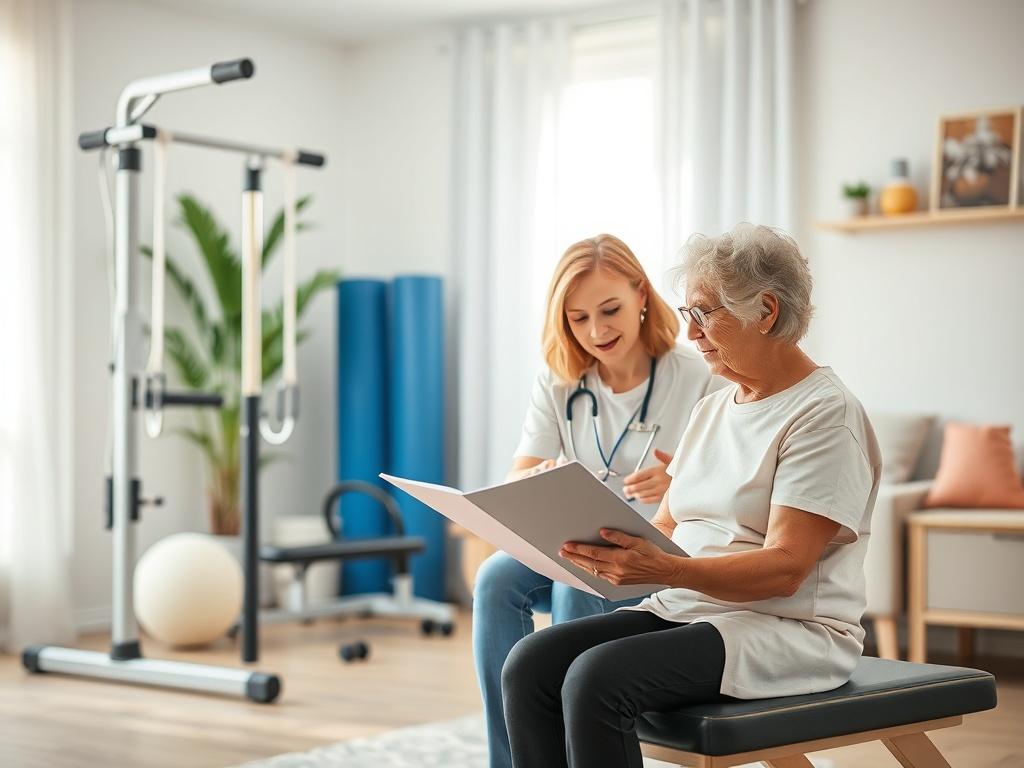 A physiotherapist reviewing a treatment plan with a patient, surrounded