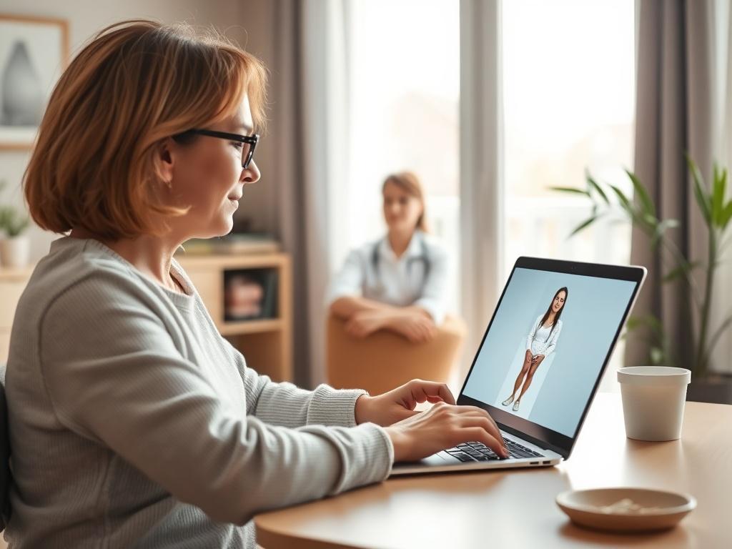 A person participating in a video consultation with a physiotherapist