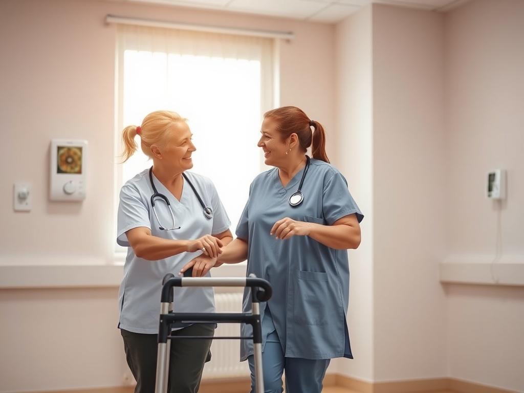 A physiotherapist helping a patient regain mobility after surgery in