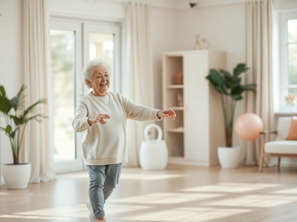 An elderly person practicing balance exercises with the guidance of