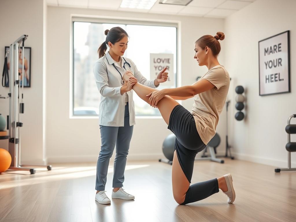 A physiotherapist demonstrating a therapeutic exercise for a patient with