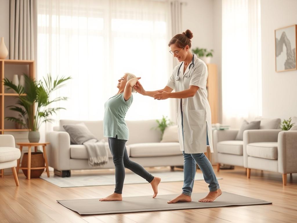 A physiotherapist assisting a patient with rehabilitation exercises in a