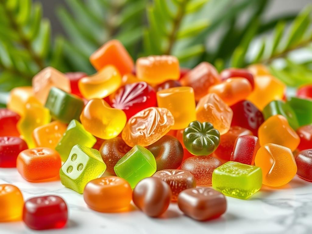 A vibrant display of assorted CBD gummies in different shapes