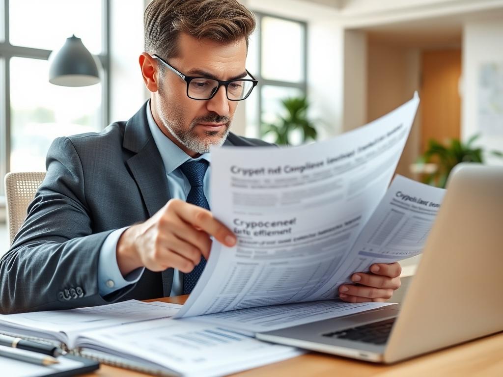 A professional looking auditor reviewing documents related to cryptocurrency compliance