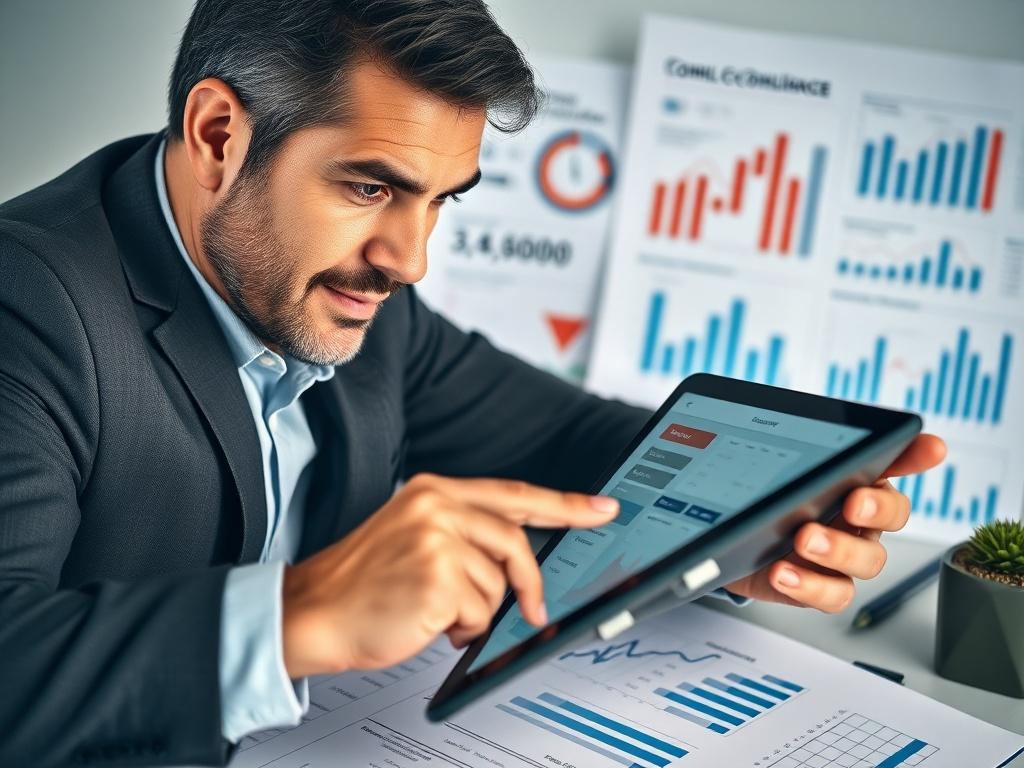 A close-up shot of a confident financial consultant analyzing data on a digital tablet, surrounded by financial documents and charts, emphasizing professionalism and expertise. The background should be simple and uncluttered, focusing on the consultant's engaged expression and the digital tablet's screen displaying compliance metrics. The color scheme should harmonize with the rgb(50, 170, 39) primary color, conveying a sense of trust and reliability in financial services.