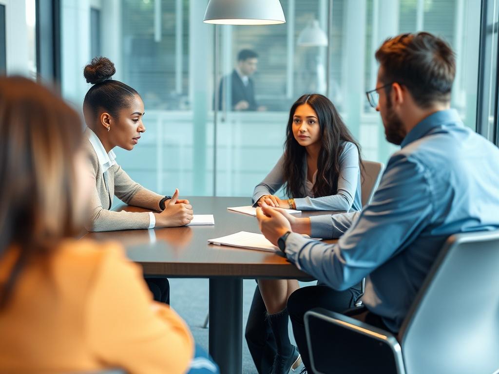 A high-resolution image of a professional meeting in progress, featuring diverse individuals discussing compliance strategies around a conference table. The room should be bright and modern, reflecting a dynamic business environment.