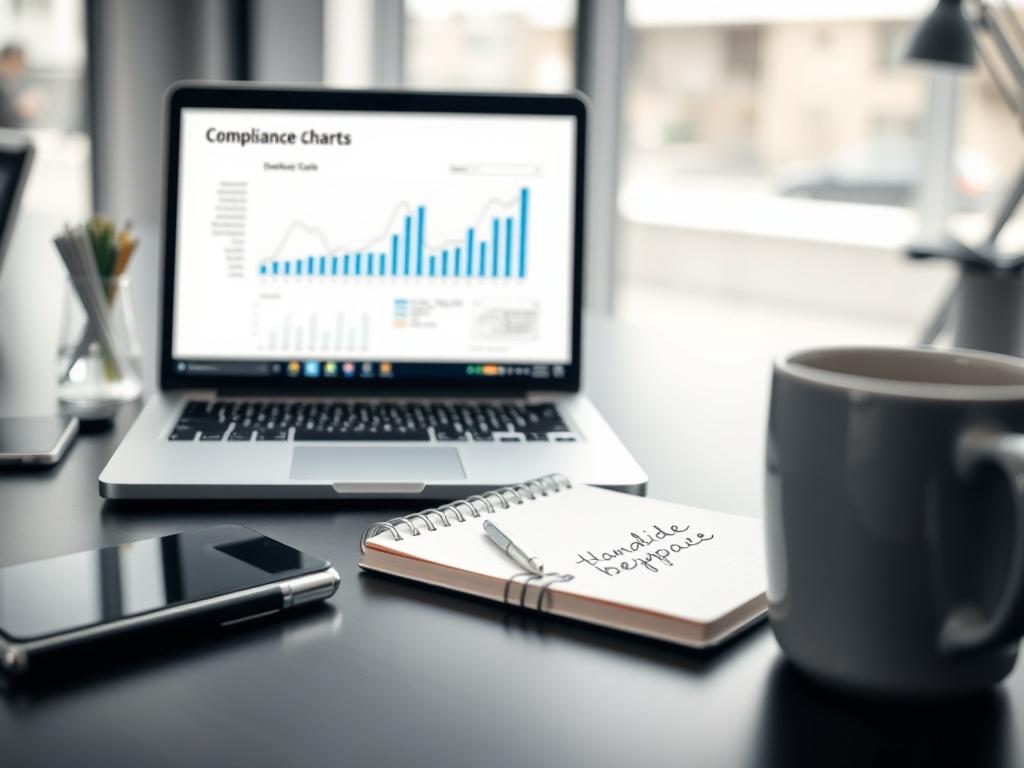 A close-up shot of a modern office desk with a laptop displaying compliance charts, notepad with handwritten notes, and a coffee cup. The background should be softly blurred to emphasize the desk items and create a professional atmosphere.