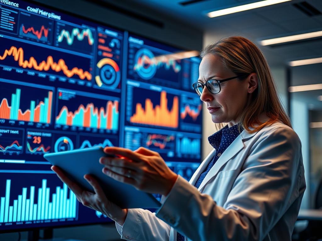 A striking close-up of a compliance expert analyzing data on a tablet, surrounded by visual charts and graphs displayed on a large screen in a sleek office environment. The focus should be on the expert's engaged expression and the dynamic visuals.