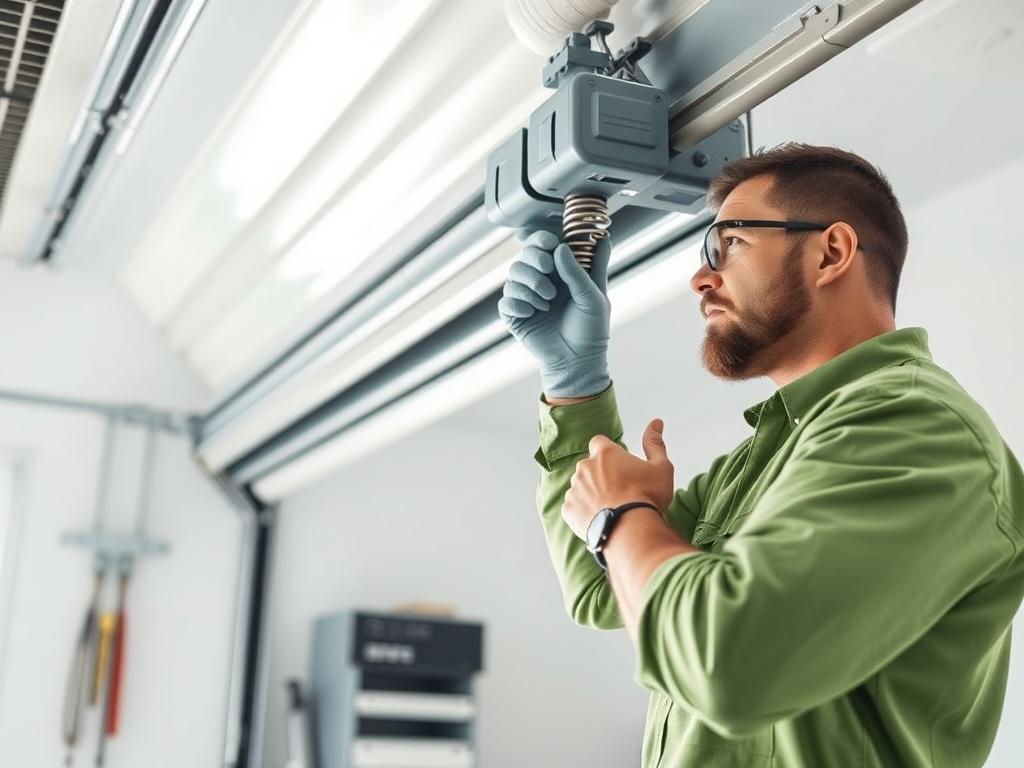 A technician performing maintenance on a garage door, inspecting springs