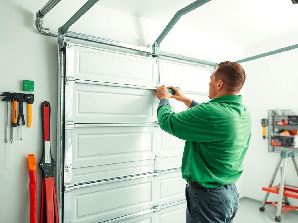 A technician installing a new garage door, focusing on the