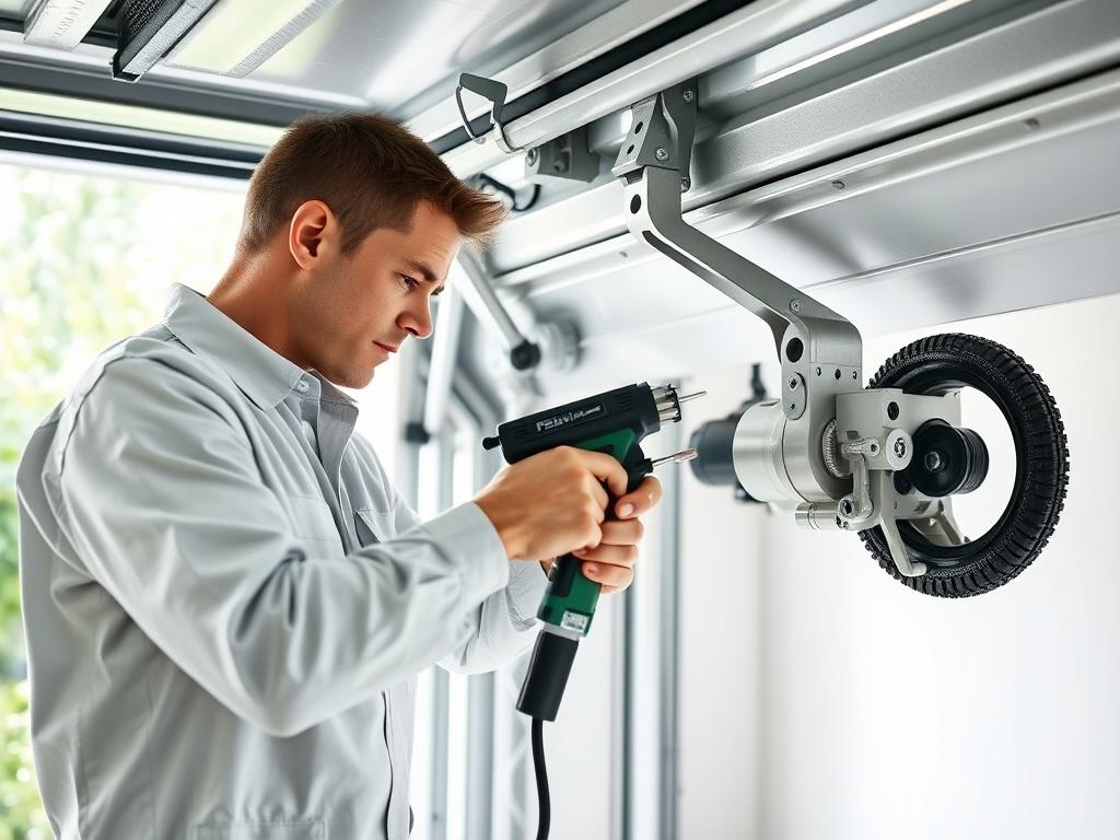 A professional technician repairing a garage door, focused on the