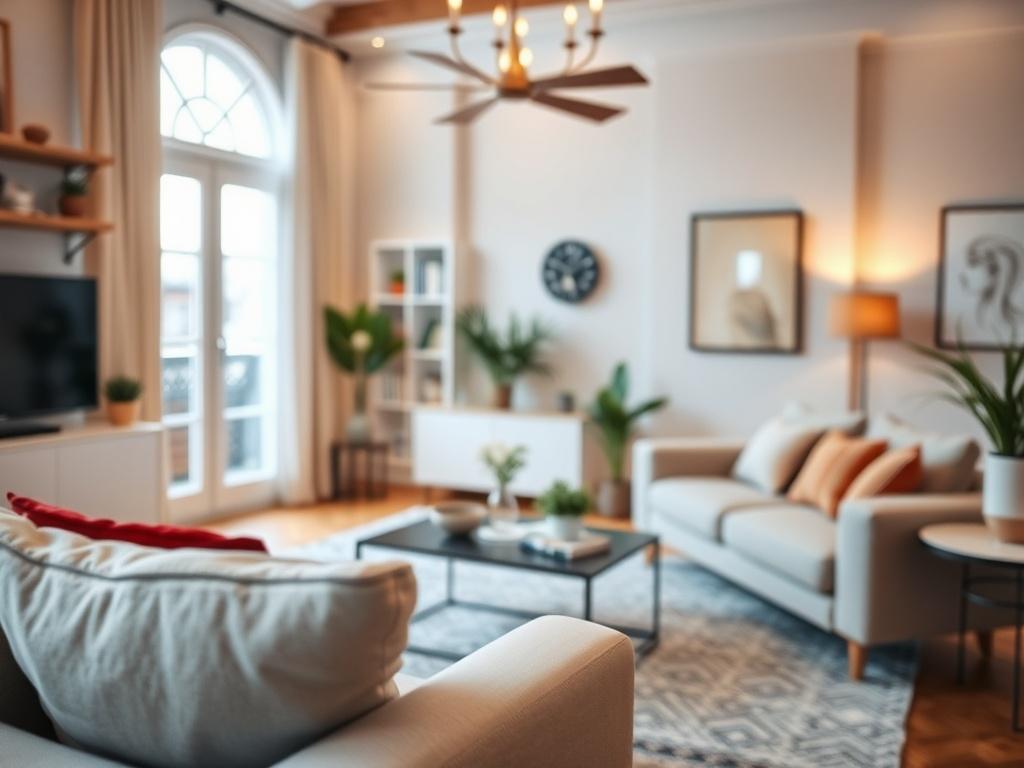 A close-up shot of a beautiful, well-furnished rental property interior, showcasing a cozy living room with stylish furniture, warm lighting, and decorative touches. The focus should be on the inviting atmosphere, highlighting the comfort and appeal of mid-term rentals. The background should be softly blurred to emphasize the subject, captured with a 45mm f/1.2 lens style.