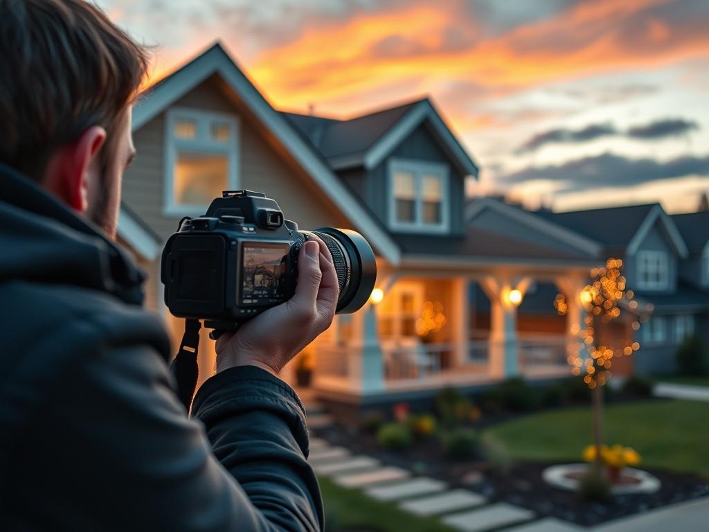 A high-resolution image of a professional real estate photographer capturing a beautifully staged property exterior during sunset. The property should be well-lit, showcasing its charm and inviting ambiance. The background should include a picturesque neighborhood, enhancing the appeal of the rental. The shot should be taken with a 45mm f/1.2 lens style.