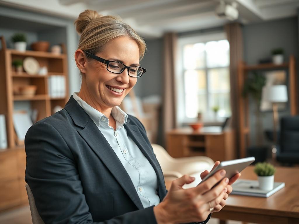 A close-up shot of a property manager using a tablet to oversee rental properties, with a pleasant, organized office environment in the background. The focus should be on the manager smiling while engaging with technology, reflecting a seamless management process. Shot in hyper-realistic style with a 45mm f/1.2 lens.