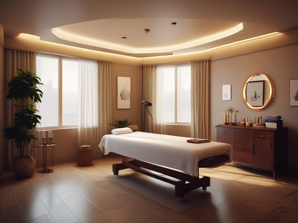 A serene massage room with soft lighting, a comfortable massage