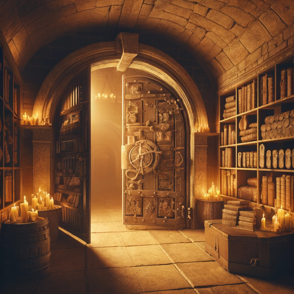 dall·e 2025-04-18 22.13.33 - a mysterious, vintage-style secret archive or vault room. the door is open, revealing warm golden candlelight spilling onto a stone floor. inside, she.webp