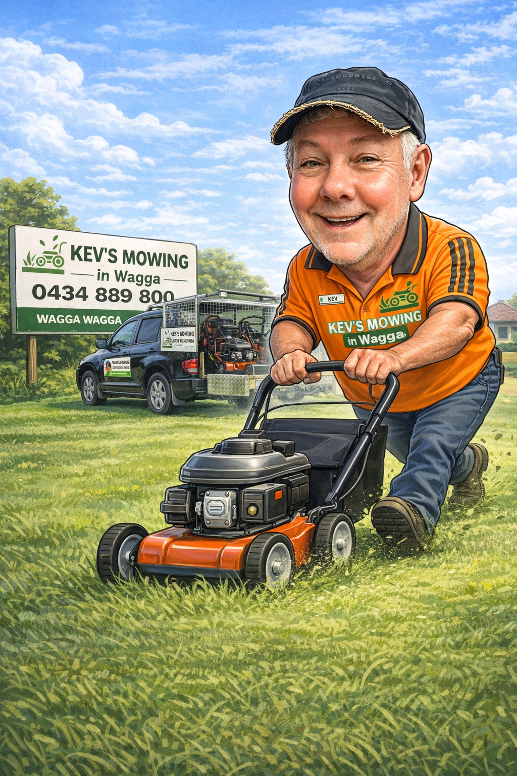 Kevin Kelly with his lawn mower at Kev's Mowing in Wagga Wagga