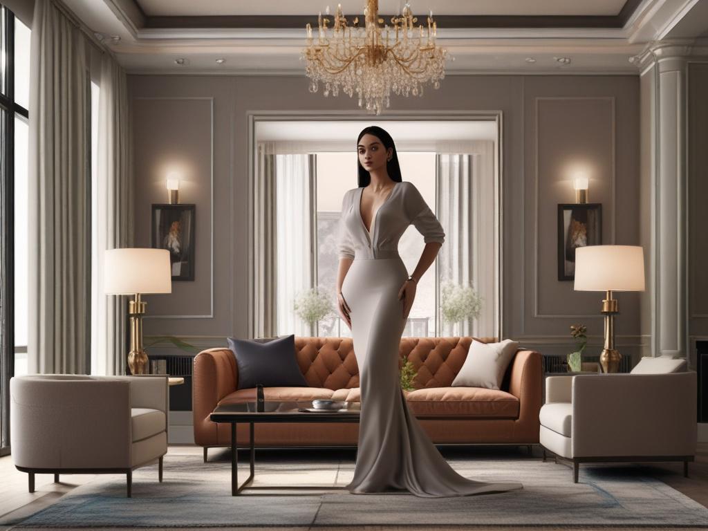 A stunningly realistic portrait of a glamorous escort standing elegantly