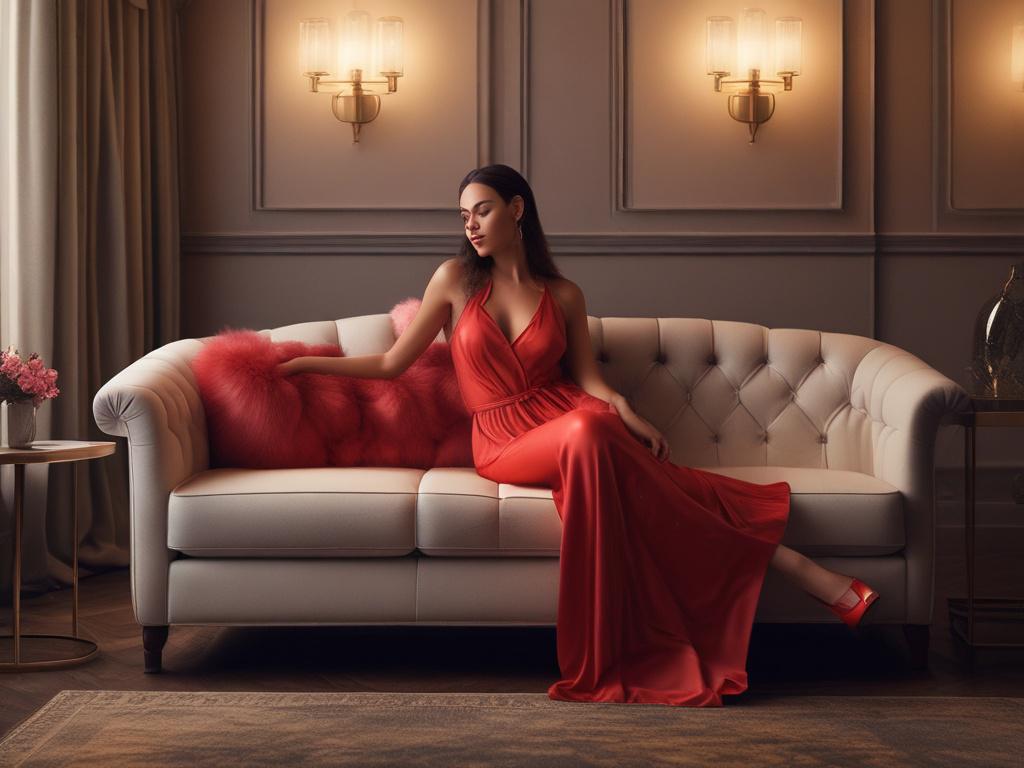 A seductive female escort lounging on a luxurious sofa, dressed