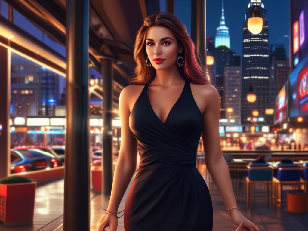 An elegant female escort in a stylish cocktail dress, posing