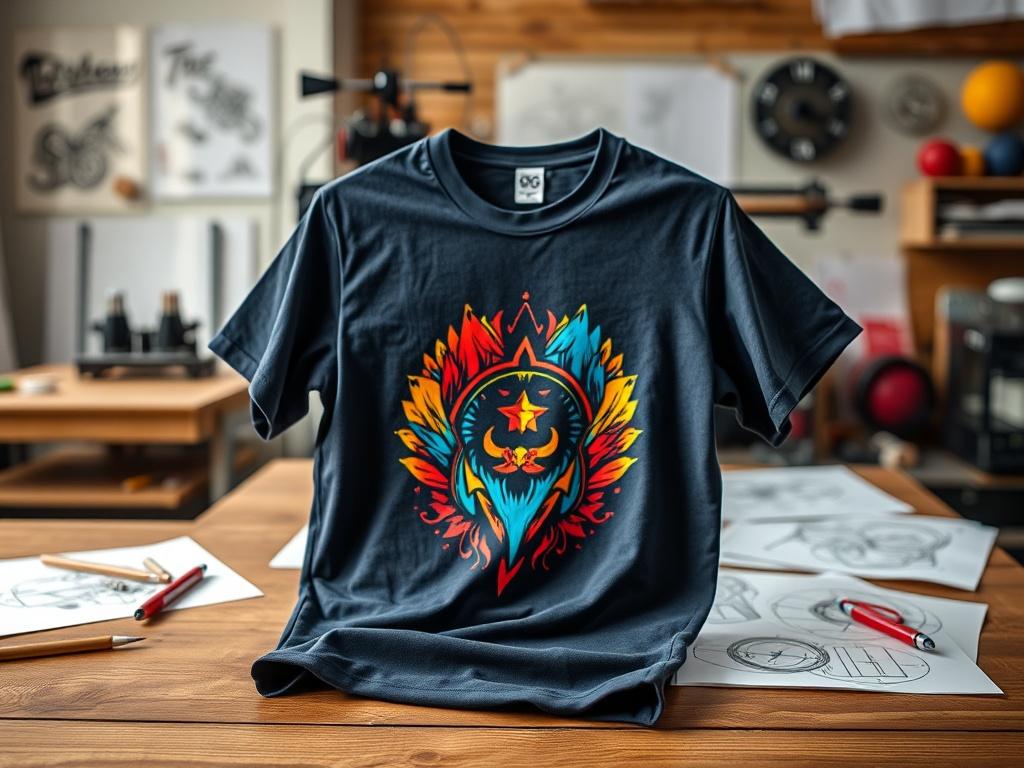 A close-up view of a vibrant custom-designed t-shirt displayed on a wooden table, showcasing a unique graphic print. The background should feature a soft-focus of a printing machine and design sketches, emphasizing creativity and craftsmanship. The image should be hyper-realistic and in RGB color format.
